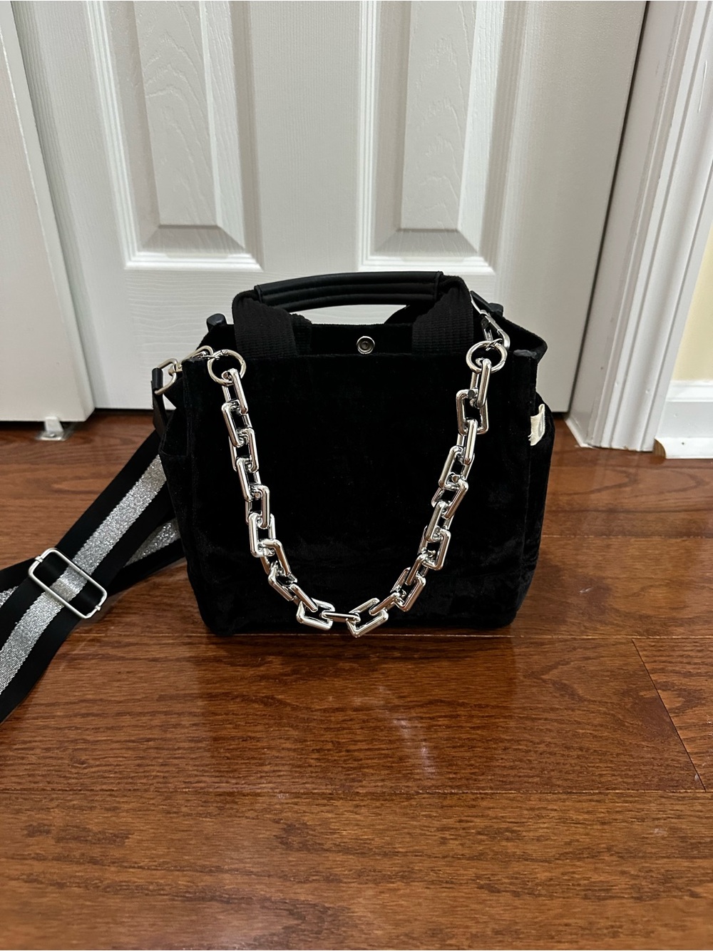 Quilted Koala North South Black Velvet Tote with Silver Chain Accent